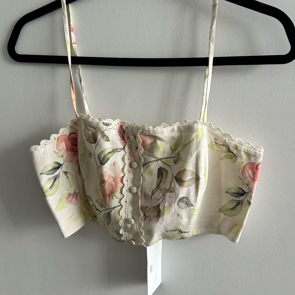 Caroline Constas Cream & floral crop top